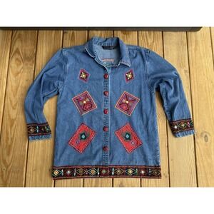 Vintage 80s Lifestyle Womens Blue Embroidered Boho Patchwork Denim Jacket Small